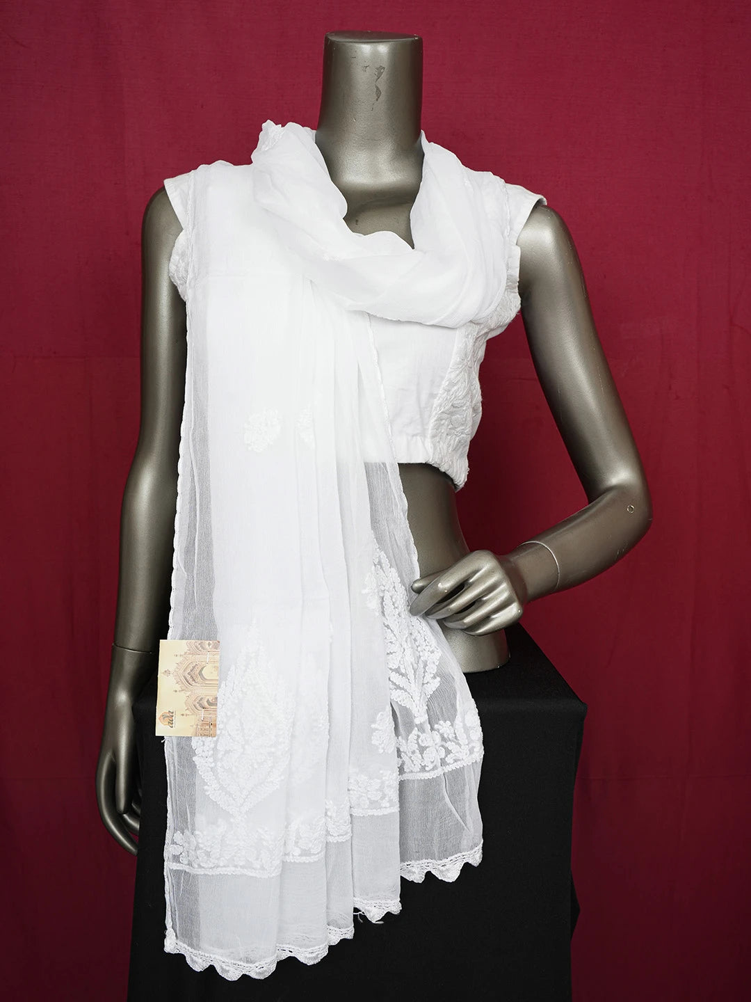 Ada Hand Embroidered White Chiffon Lucknowi Chikankari Dupatta 01A658210