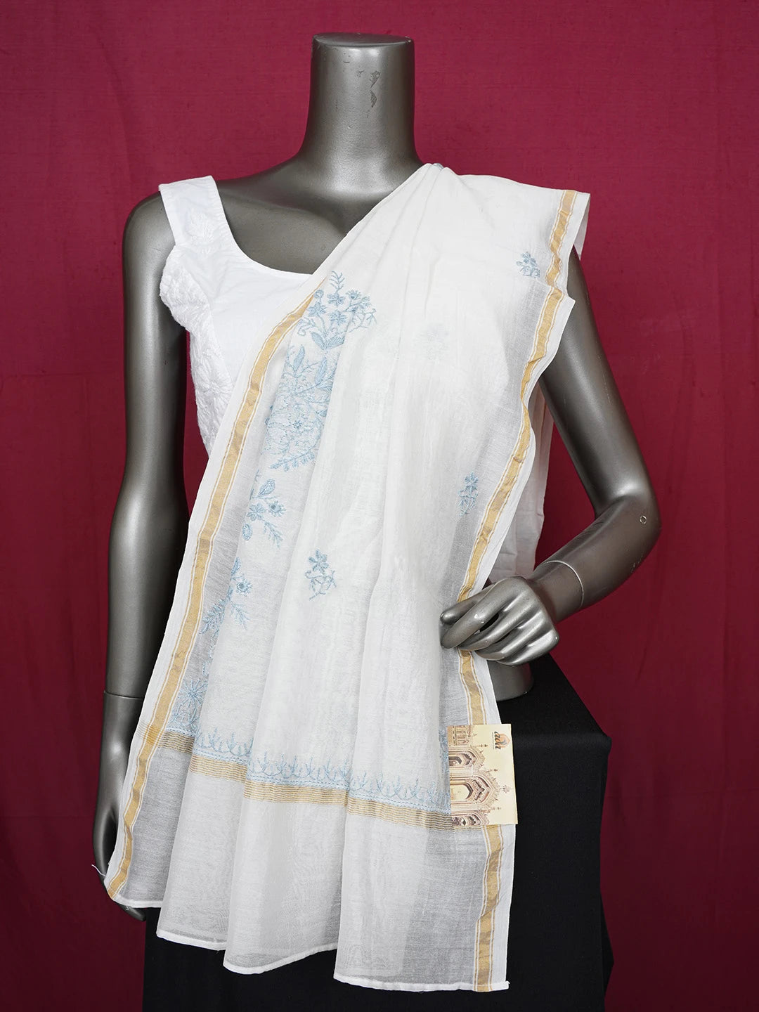 Ada Hand Embroidered White Chanderi Lucknowi Chikankari Dupatta 01A665694