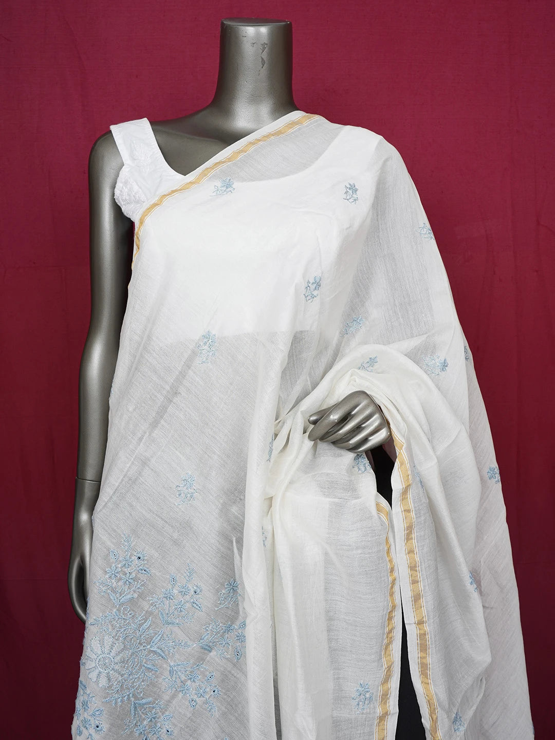 Ada Hand Embroidered White Chanderi Lucknowi Chikankari Dupatta 01A665694