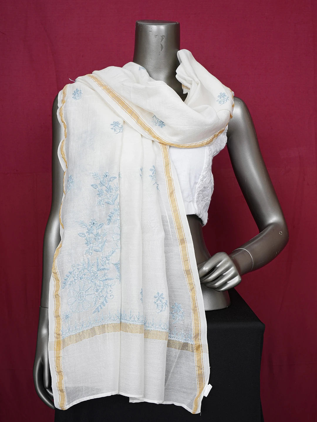 Ada Hand Embroidered White Chanderi Lucknowi Chikankari Dupatta 01A665694