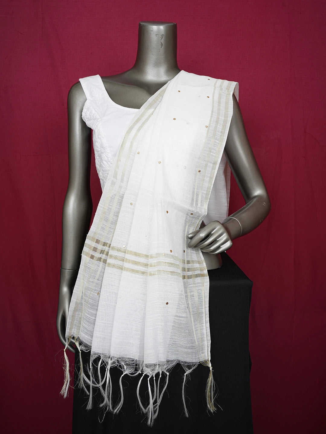 Ada Hand Embroidered Ivory White Chanderi Lucknowi Chikankari Dupatta With Mukaish Work 01A417509