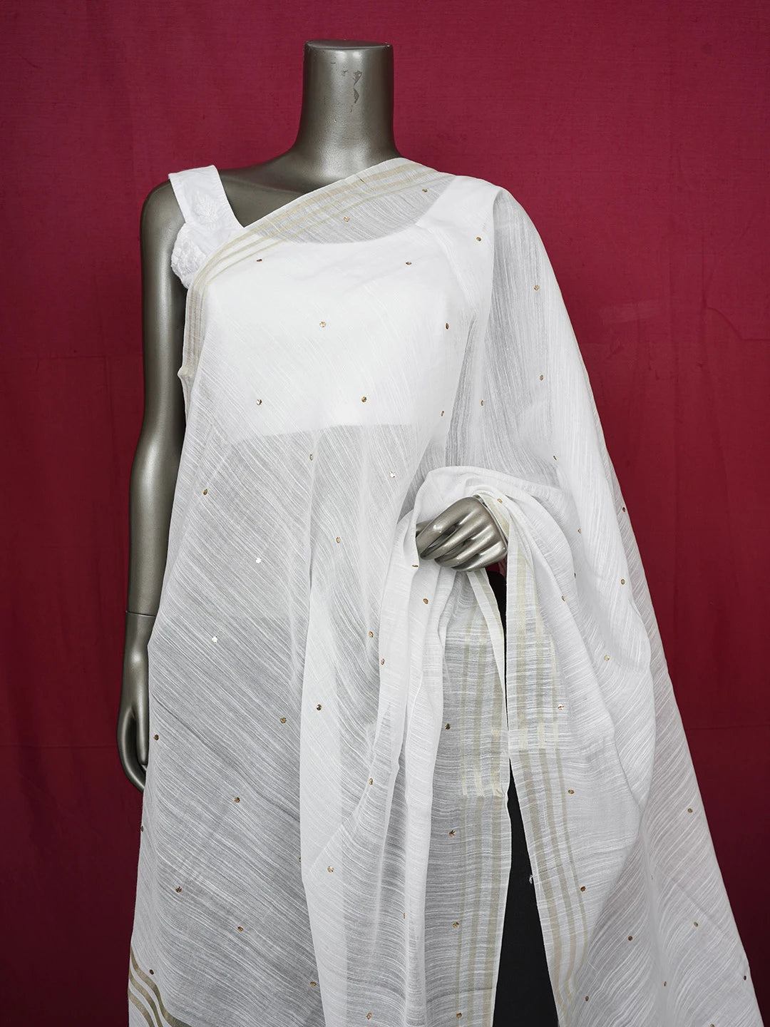 Ada Hand Embroidered Ivory White Chanderi Lucknowi Chikankari Dupatta With Mukaish Work 01A417509