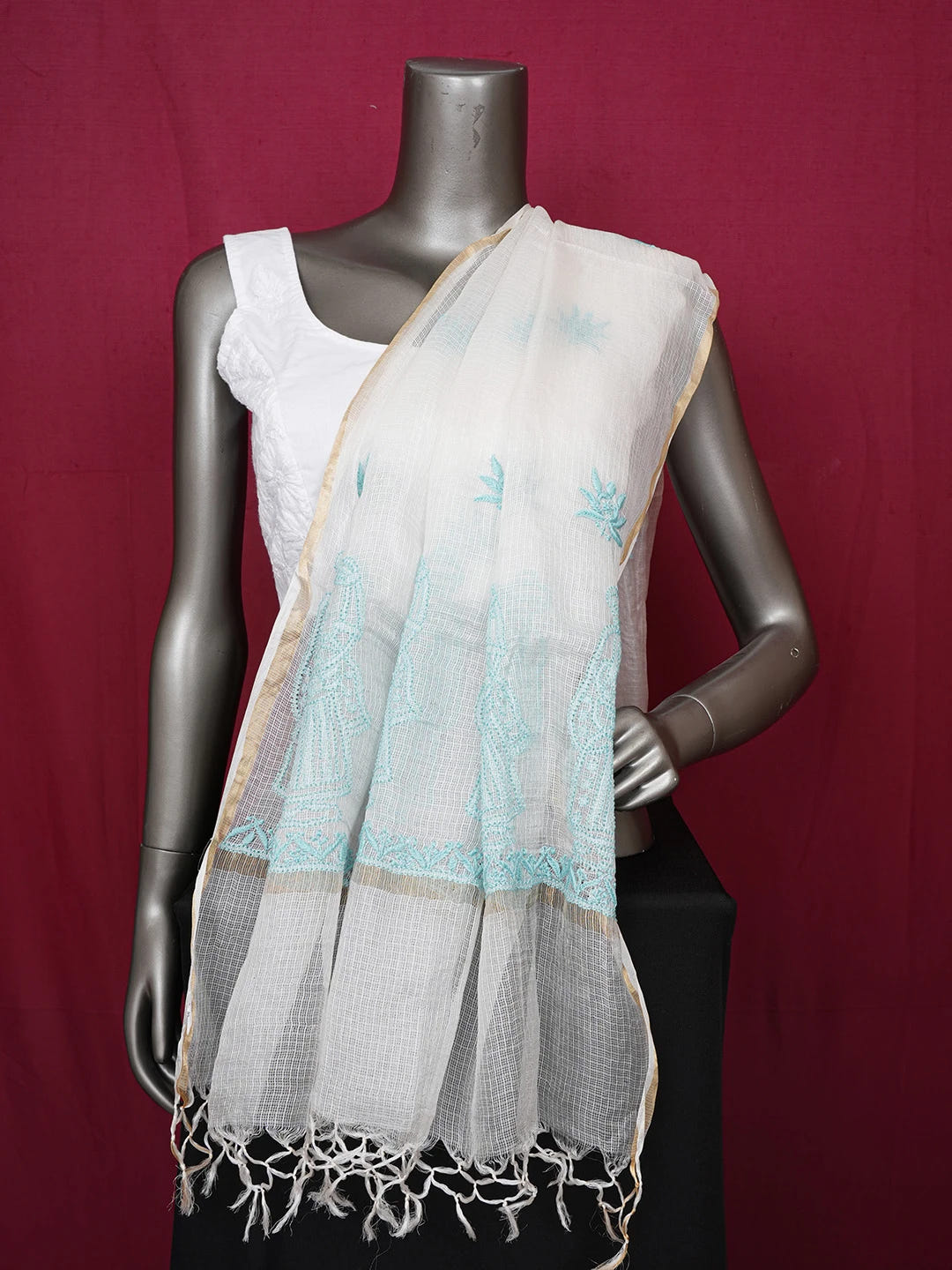 Ada Hand Embroidered Seasalt White Kota Silk Lucknowi Chikankari Dupatta 01A661017