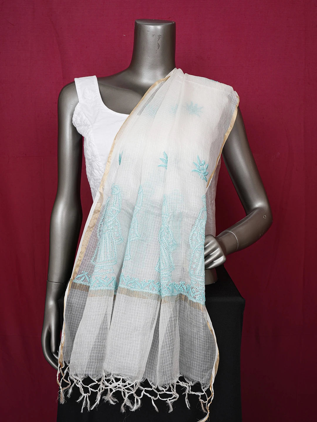 Ada Hand Embroidered Seasalt White Kota Silk Lucknowi Chikankari Dupatta 01A661017