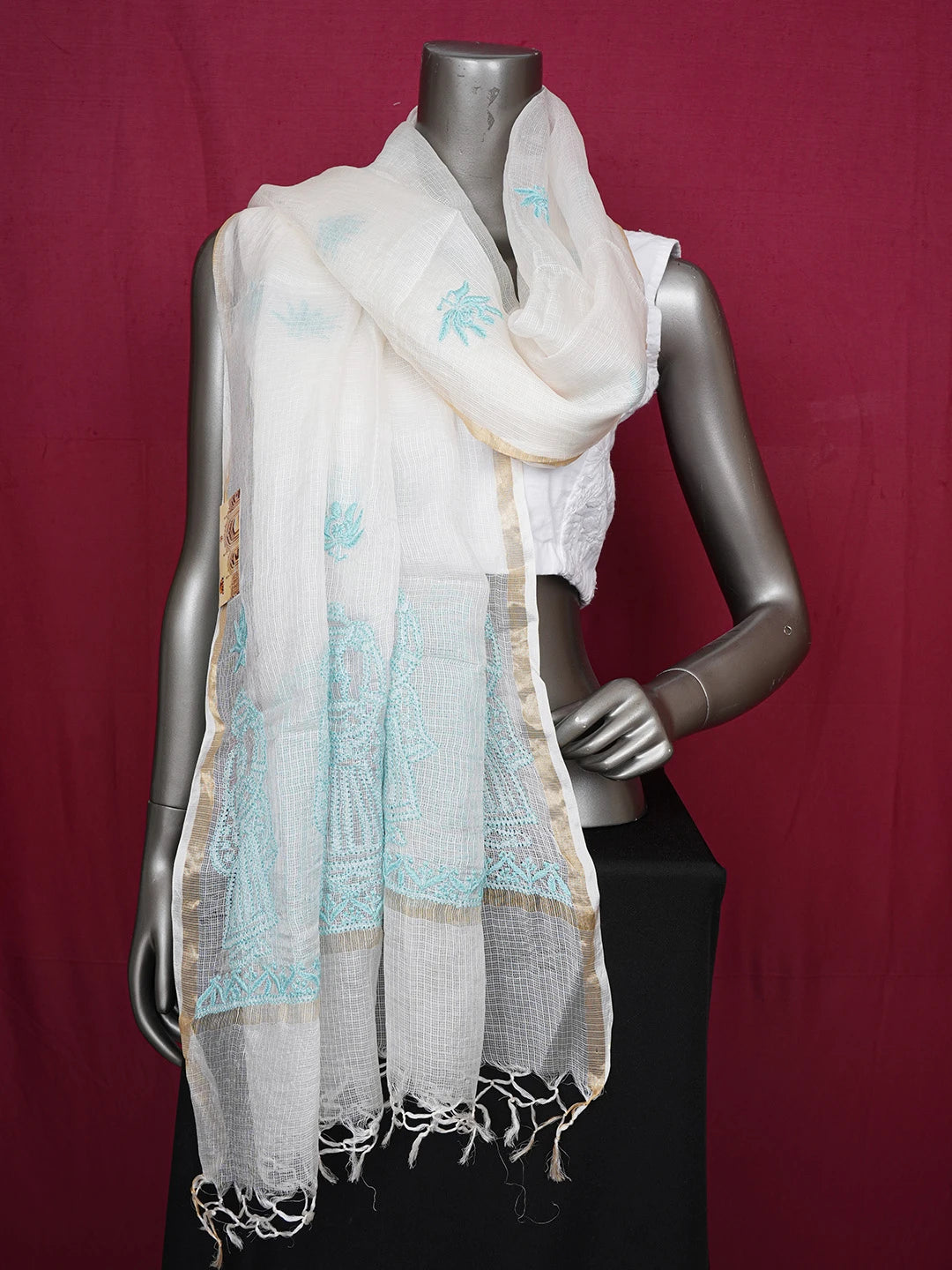 Ada Hand Embroidered Seasalt White Kota Silk Lucknowi Chikankari Dupatta 01A661017