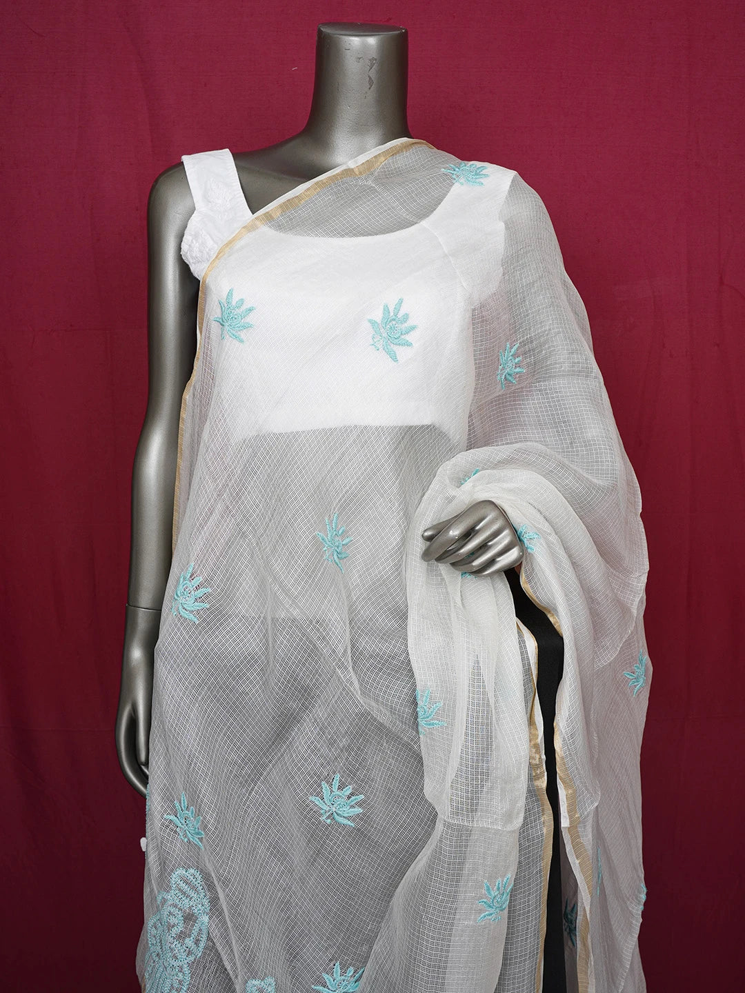 Ada Hand Embroidered Seasalt White Kota Silk Lucknowi Chikankari Dupatta 01A661017