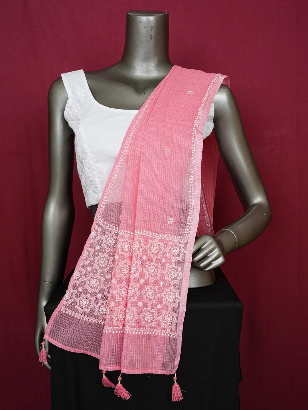 Ada Hand Embroidered Peach Kota Lucknowi Chikankari Dupatta With Muqaish Work 01A641060