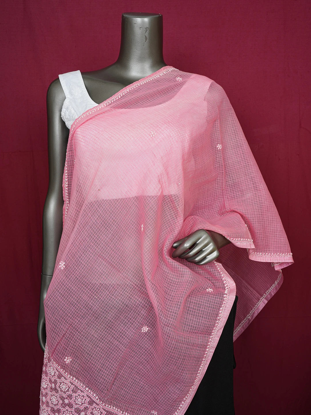 Ada Hand Embroidered Peach Kota Lucknowi Chikankari Dupatta With Muqaish Work 01A641060