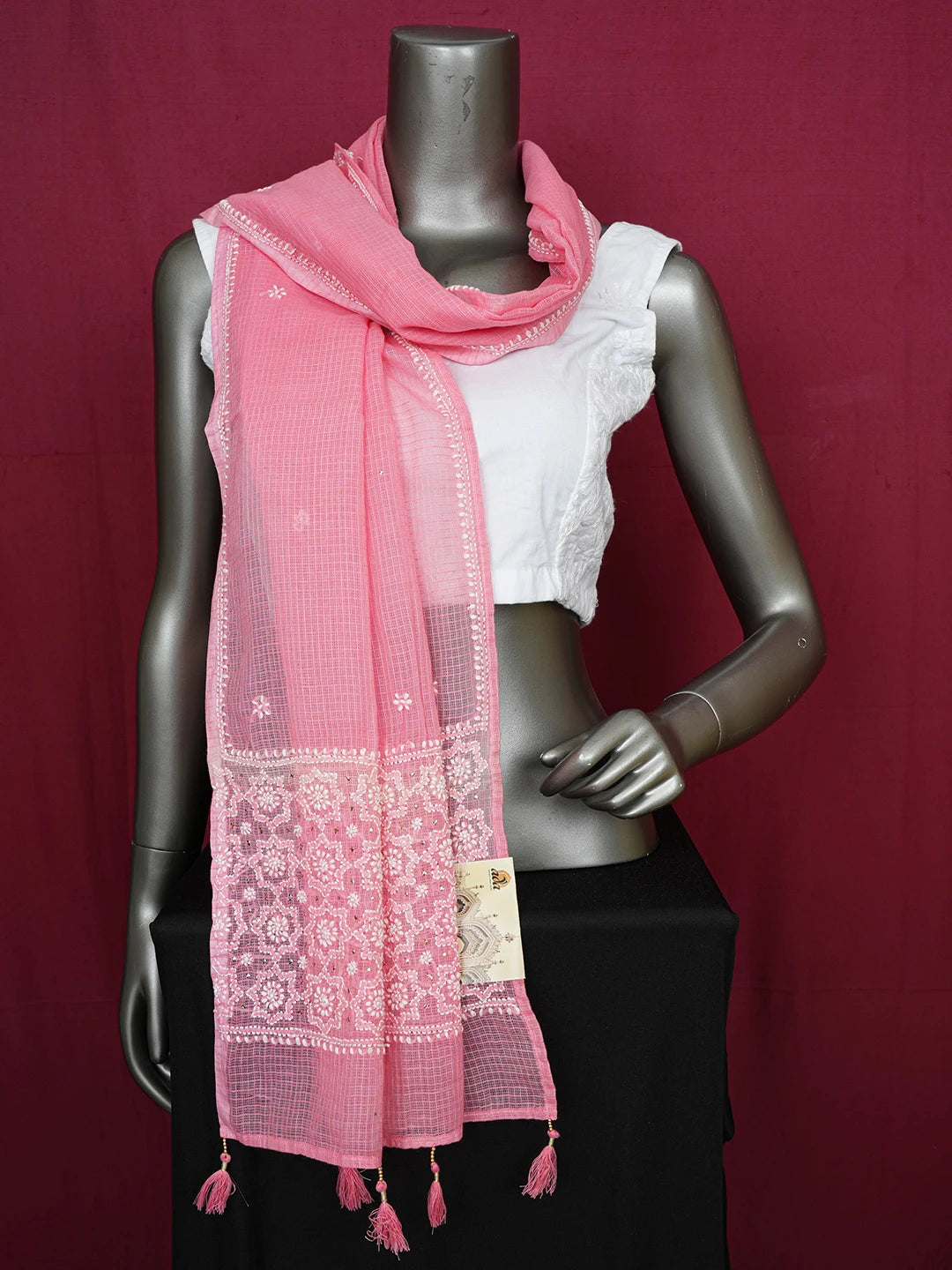 Ada Hand Embroidered Peach Kota Lucknowi Chikankari Dupatta With Muqaish Work 01A641060