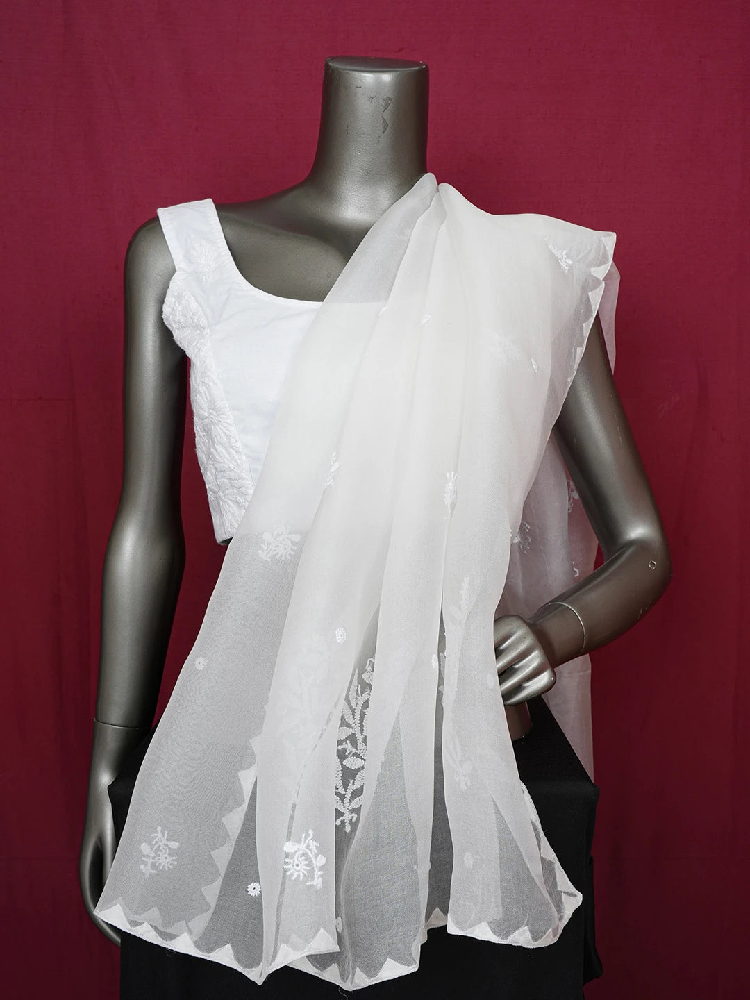 Ada Hand Embroidered Mint Cream White Organza Lucknowi Chikankari Dupatta 01A643891