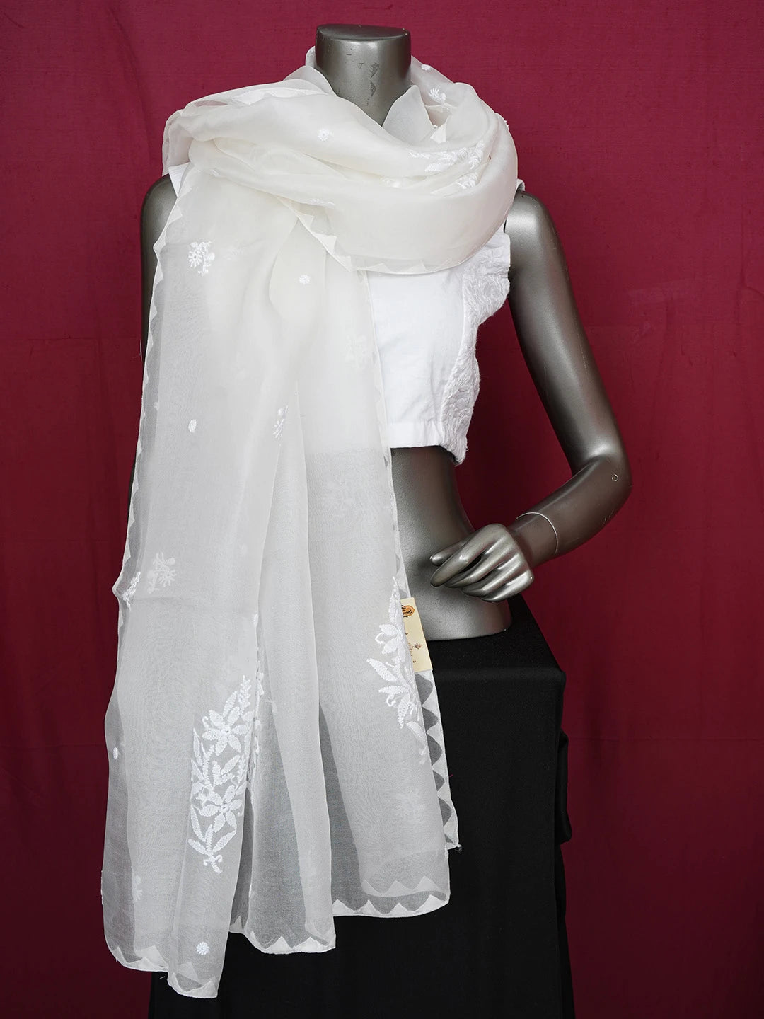 Ada Hand Embroidered Mint Cream White Organza Lucknowi Chikankari Dupatta 01A643891