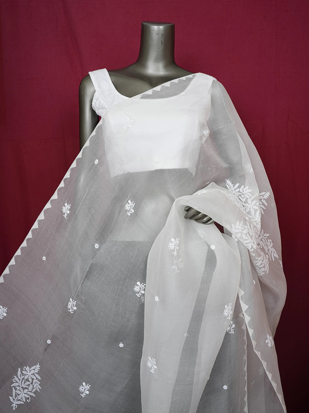 Ada Hand Embroidered Mint Cream White Organza Lucknowi Chikankari Dupatta 01A643891