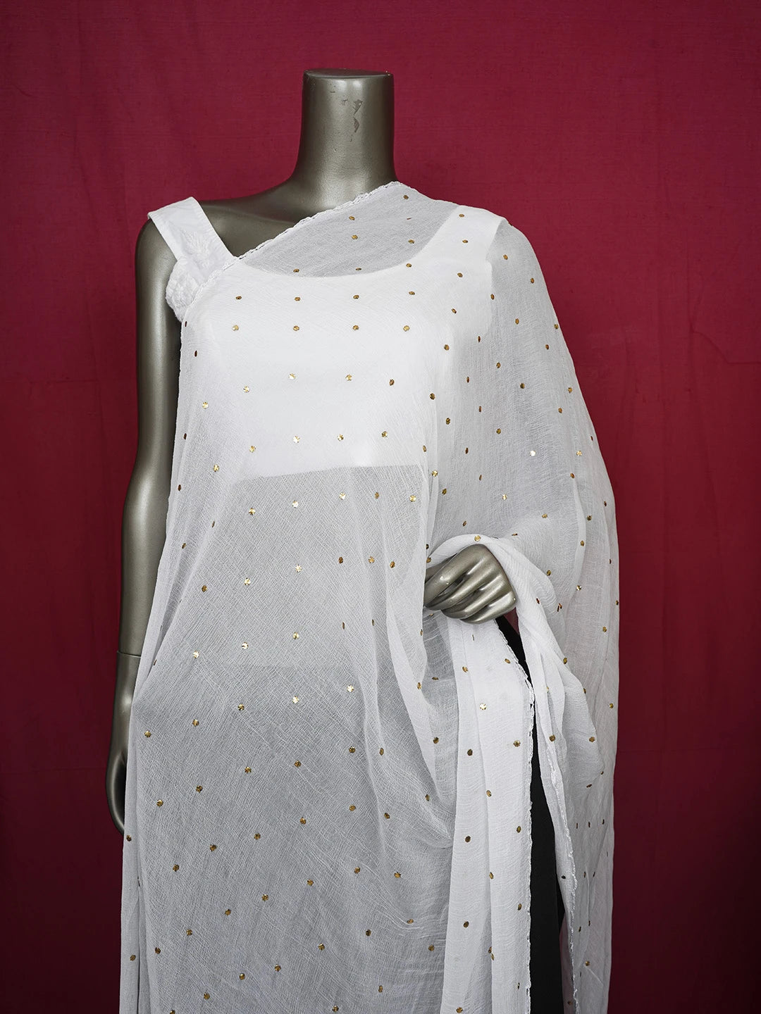 Ada Hand Embroidered White Chiffon Lucknowi Chikankari Dupatta With Muqaish Work 01A608275