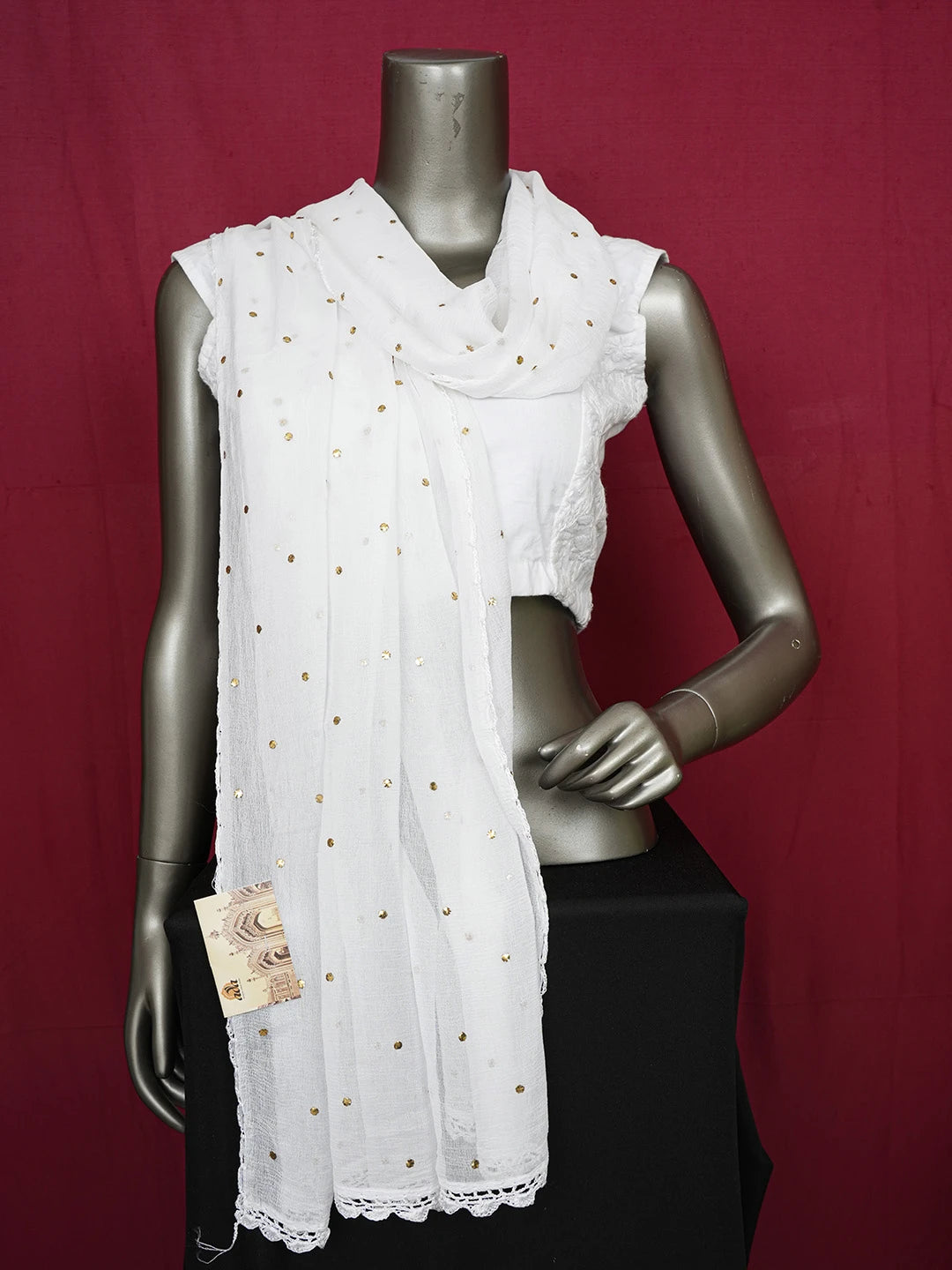 Ada Hand Embroidered White Chiffon Lucknowi Chikankari Dupatta With Muqaish Work 01A608275