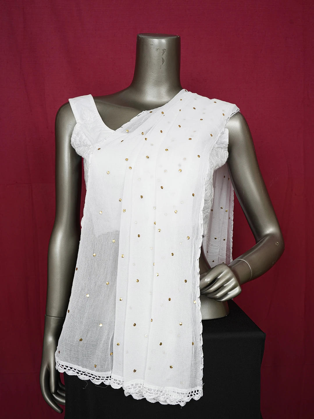 Ada Hand Embroidered White Chiffon Lucknowi Chikankari Dupatta With Muqaish Work 01A608275