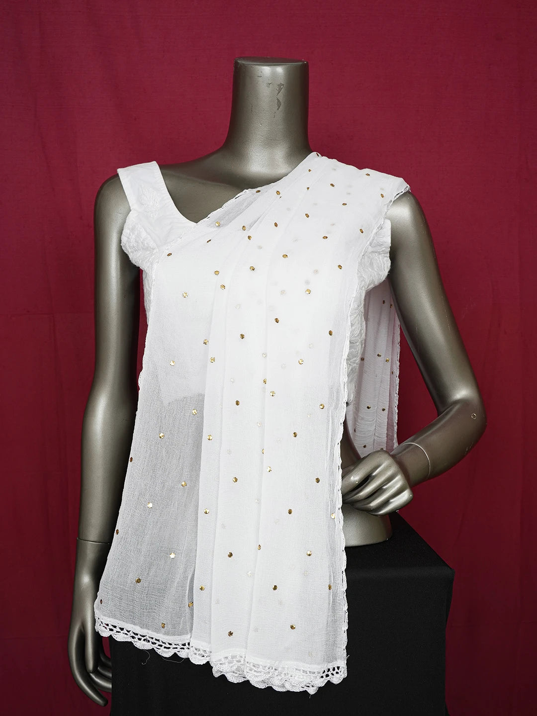 Ada Hand Embroidered White Chiffon Lucknowi Chikankari Dupatta With Muqaish Work 01A608275