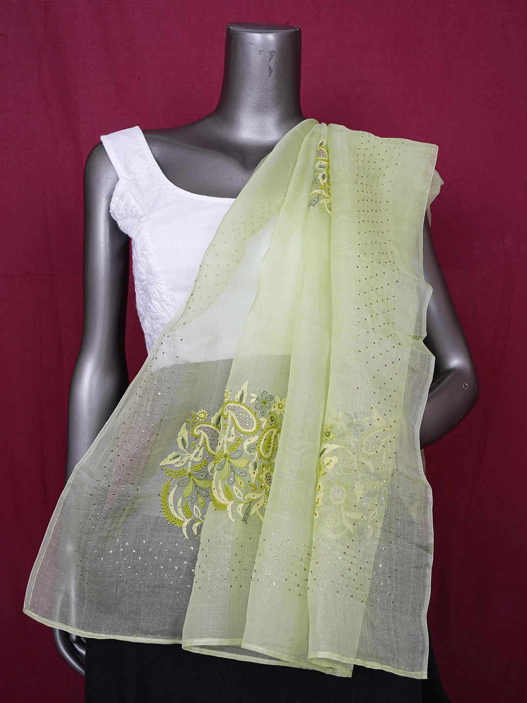 Ada Hand Embroidered Celadon Green Organza Lucknowi Chikankari Dupatta With Parsi & Muqaish Work 01A559672