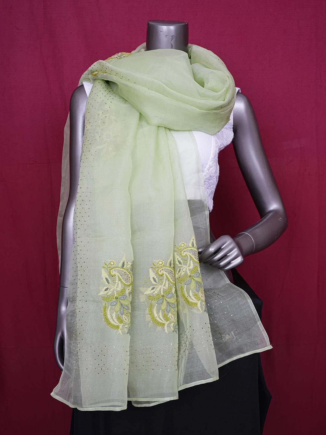 Ada Hand Embroidered Celadon Green Organza Lucknowi Chikankari Dupatta With Parsi & Muqaish Work 01A559672