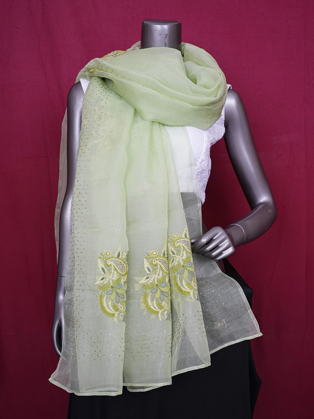 Ada Hand Embroidered Celadon Green Organza Lucknowi Chikankari Dupatta With Parsi & Muqaish Work 01A559672