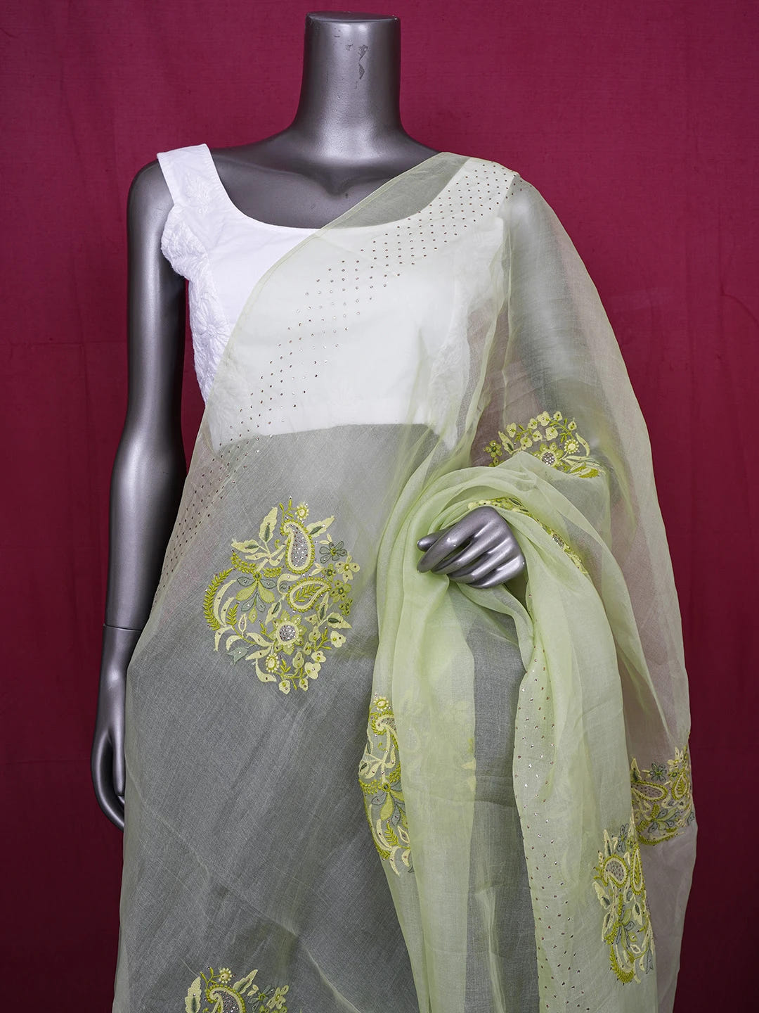 Ada Hand Embroidered Celadon Green Organza Lucknowi Chikankari Dupatta With Parsi & Muqaish Work 01A559672