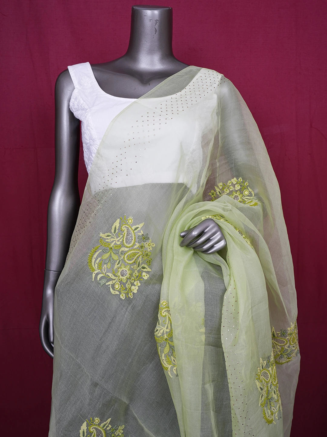 Ada Hand Embroidered Celadon Green Organza Lucknowi Chikankari Dupatta With Parsi & Muqaish Work 01A559672