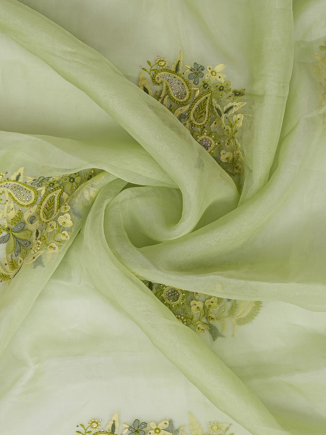 Ada Hand Embroidered Celadon Green Organza Lucknowi Chikankari Dupatta With Parsi & Muqaish Work 01A559672