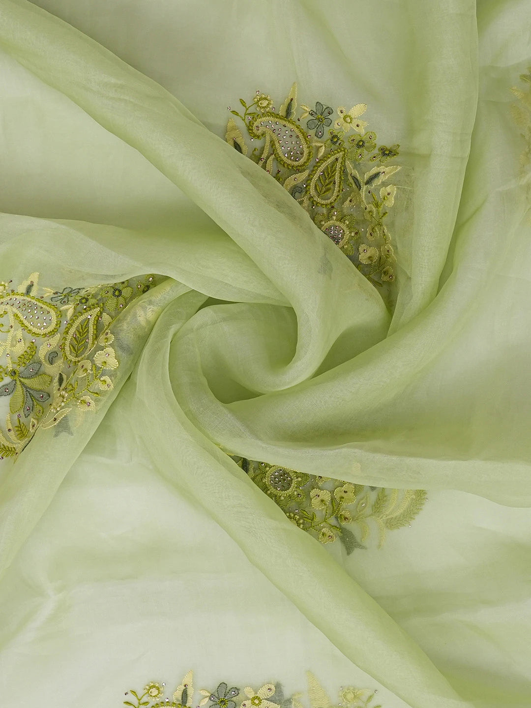Ada Hand Embroidered Celadon Green Organza Lucknowi Chikankari Dupatta With Parsi & Muqaish Work 01A559672