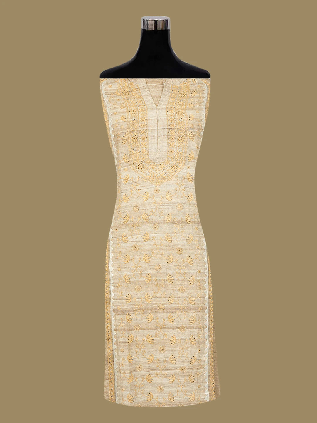 Ada Hand Embroidered Fawn Silk Lucknowi Chikankari Semi-Stitched Kurta Piece With Muqaish Work 01A422220