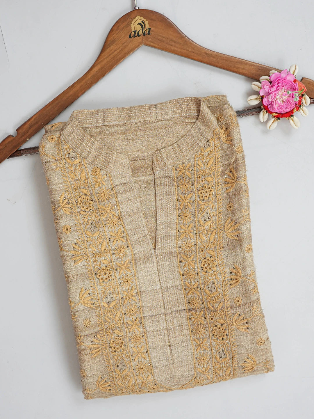 Ada Hand Embroidered Fawn Silk Lucknowi Chikankari Semi-Stitched Kurta Piece With Muqaish Work 01A422220