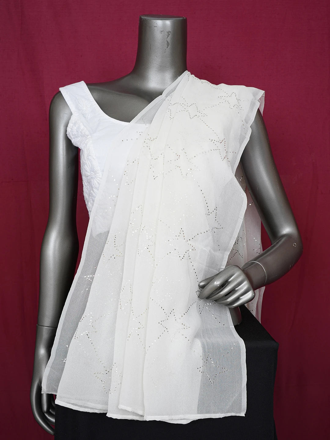 Ada Hand Embroidered Cream Pure Georgette Lucknowi Chikankari Dupatta With Muqaish Work 01A551483
