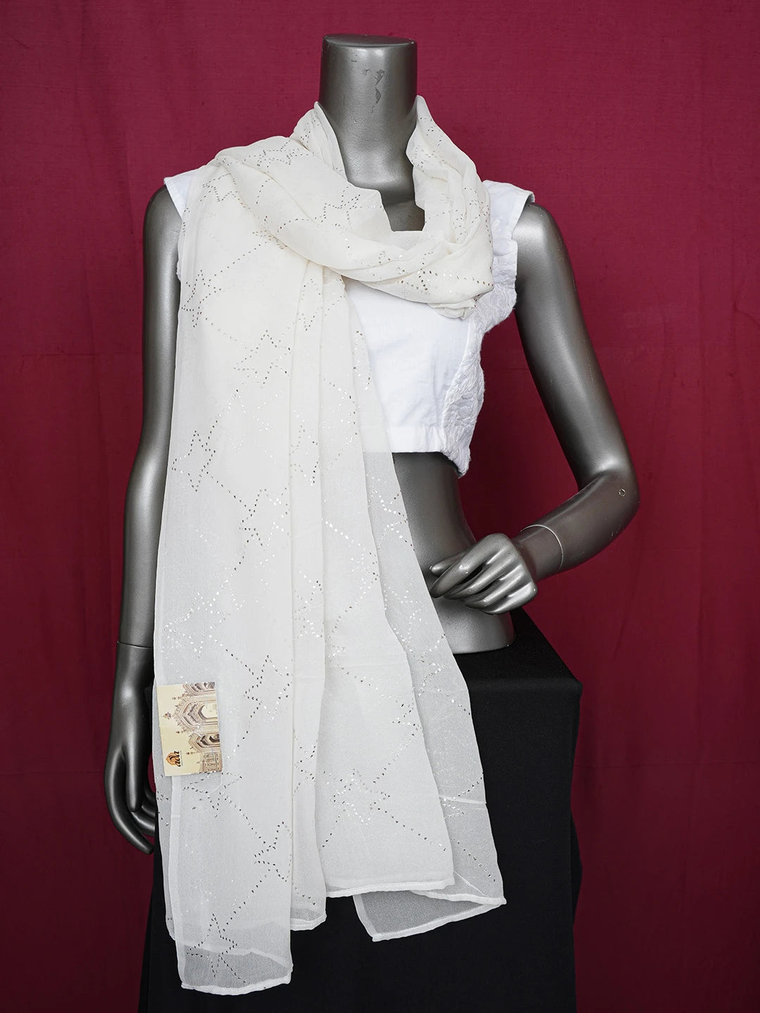 Ada Hand Embroidered Cream Pure Georgette Lucknowi Chikankari Dupatta With Muqaish Work 01A551483