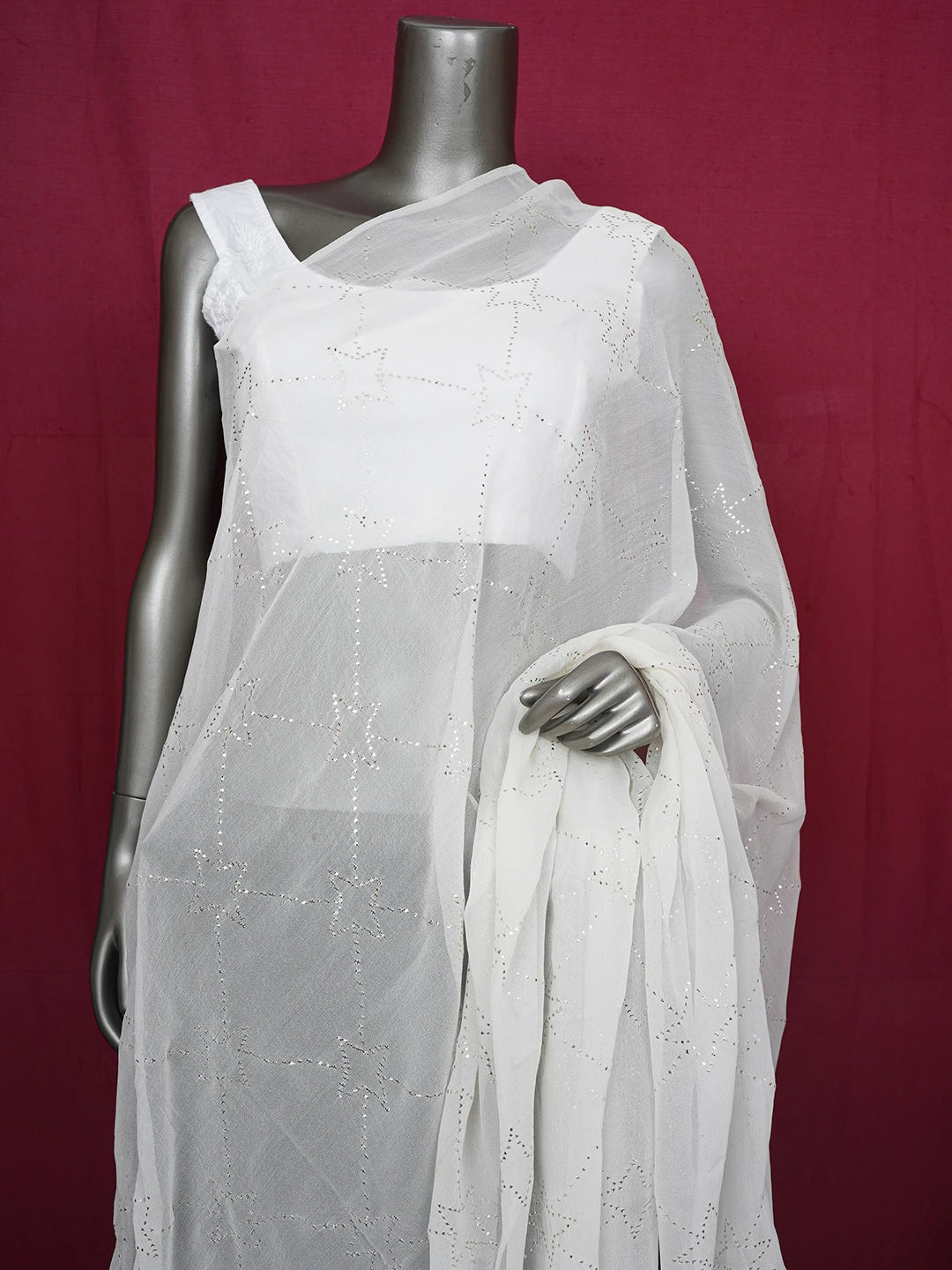 Ada Hand Embroidered Cream Pure Georgette Lucknowi Chikankari Dupatta With Muqaish Work 01A551483