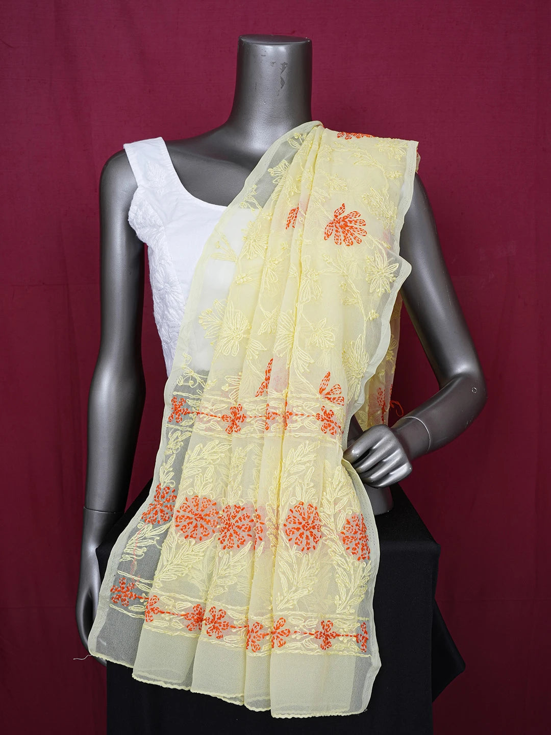Ada Hand Embroidered Lemon Yellow Georgette Lucknowi Chikankari Dupatta 01A255832