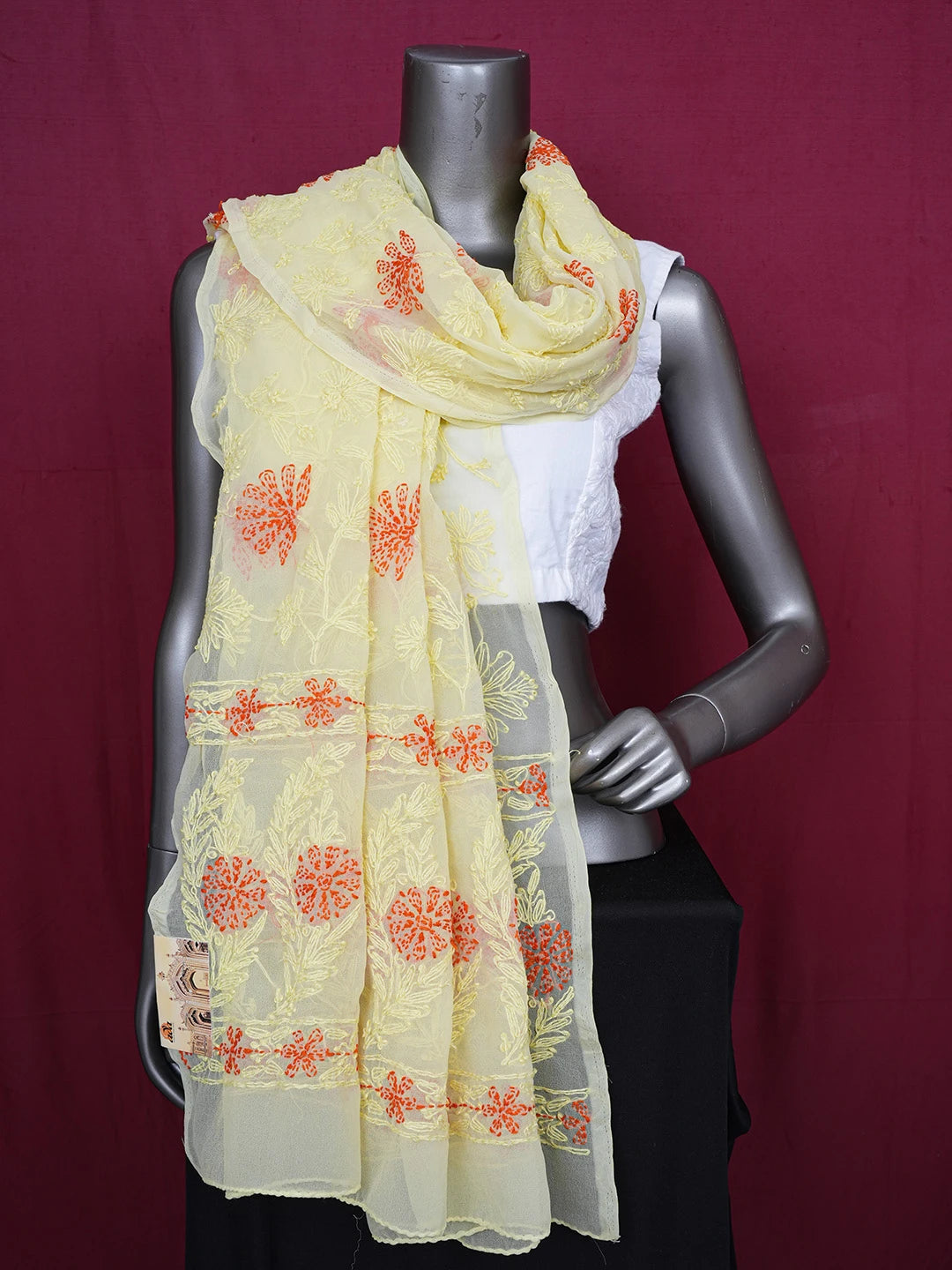 Ada Hand Embroidered Lemon Yellow Georgette Lucknowi Chikankari Dupatta 01A255832