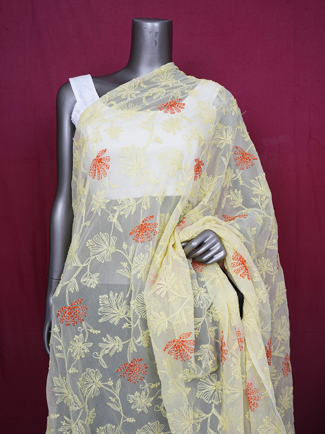 Ada Hand Embroidered Lemon Yellow Georgette Lucknowi Chikankari Dupatta 01A255832