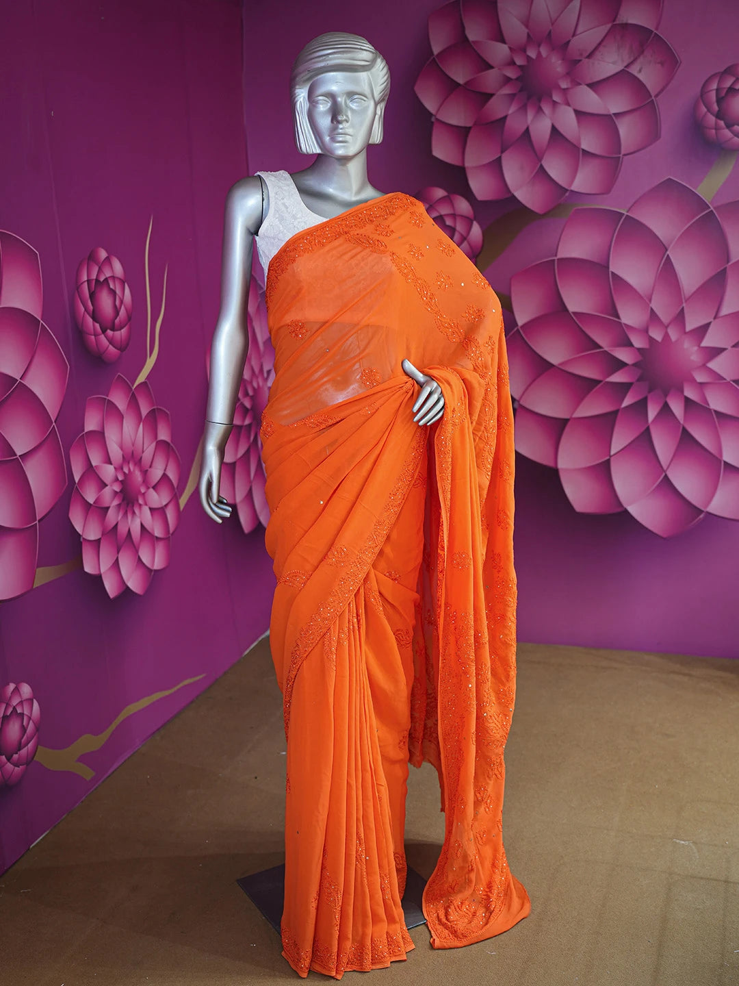 Ada Hand Embroidered Aerospace Orange Viscose Georgette Lucknowi Chikankari Saree With Blouse And Muqaish Work 01A640888