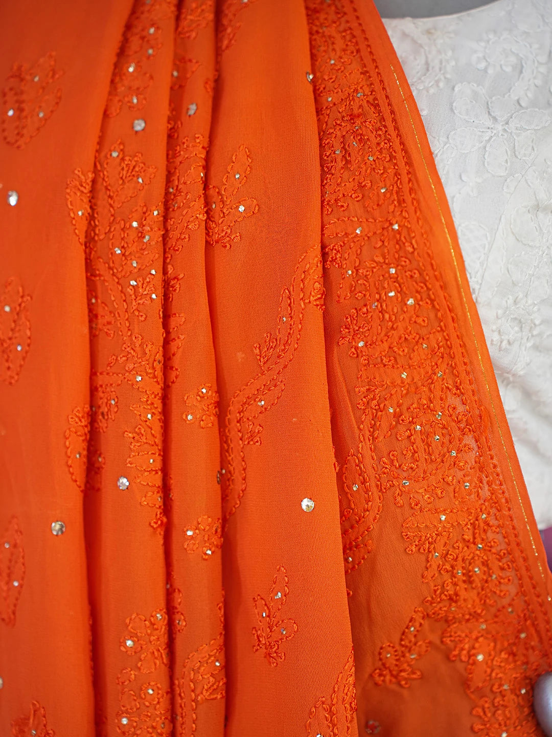 Ada Hand Embroidered Aerospace Orange Viscose Georgette Lucknowi Chikankari Saree With Blouse And Muqaish Work 01A640888
