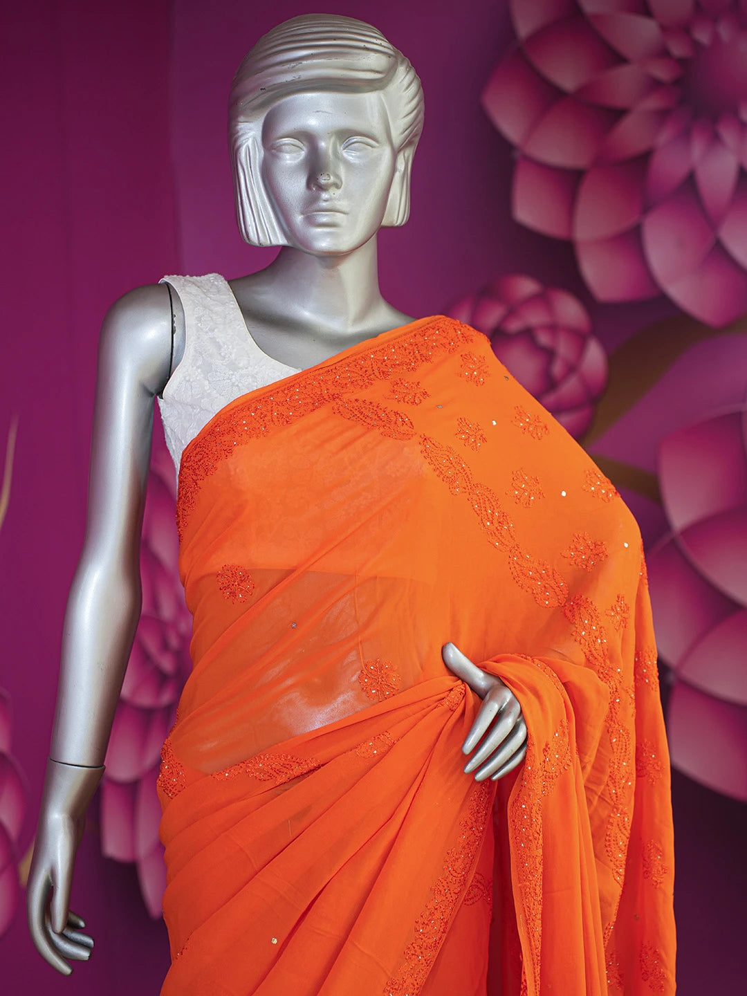 Ada Hand Embroidered Aerospace Orange Viscose Georgette Lucknowi Chikankari Saree With Blouse And Muqaish Work 01A640888