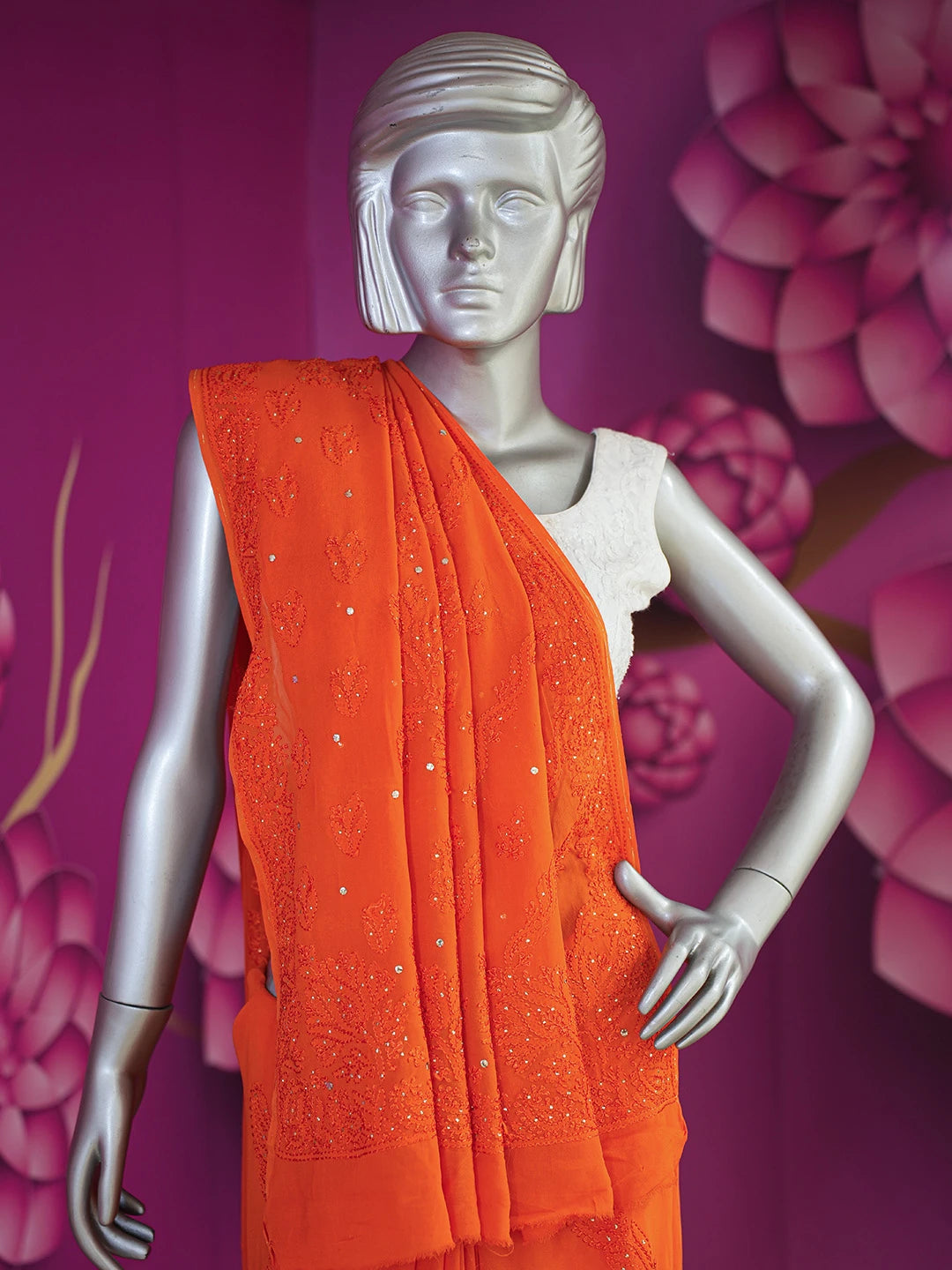 Ada Hand Embroidered Aerospace Orange Viscose Georgette Lucknowi Chikankari Saree With Blouse And Muqaish Work 01A640888