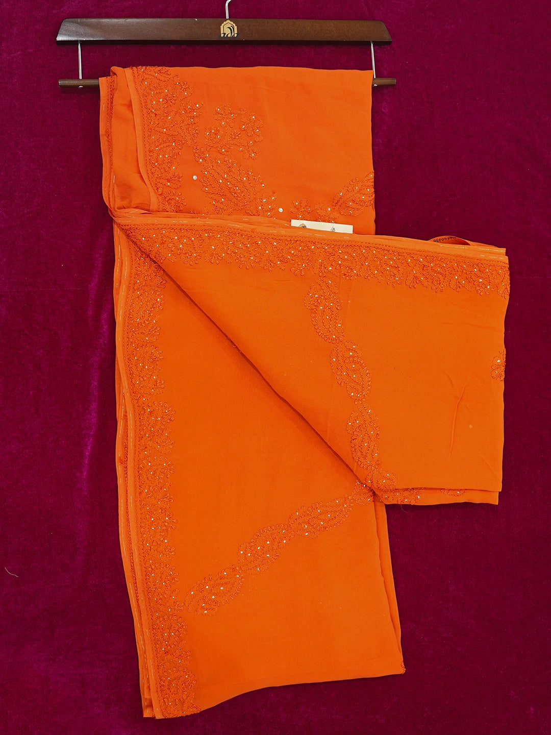 Ada Hand Embroidered Aerospace Orange Viscose Georgette Lucknowi Chikankari Saree With Blouse And Muqaish Work 01A640888