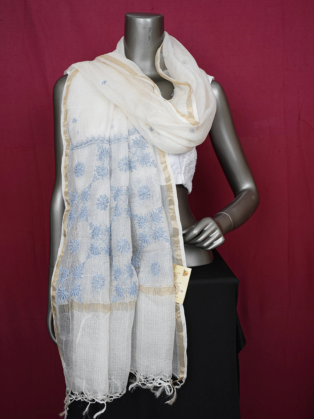 Ada Hand Embroidered Ivory White Kota Silk Lucknowi Chikankari Dupatta 01A650912