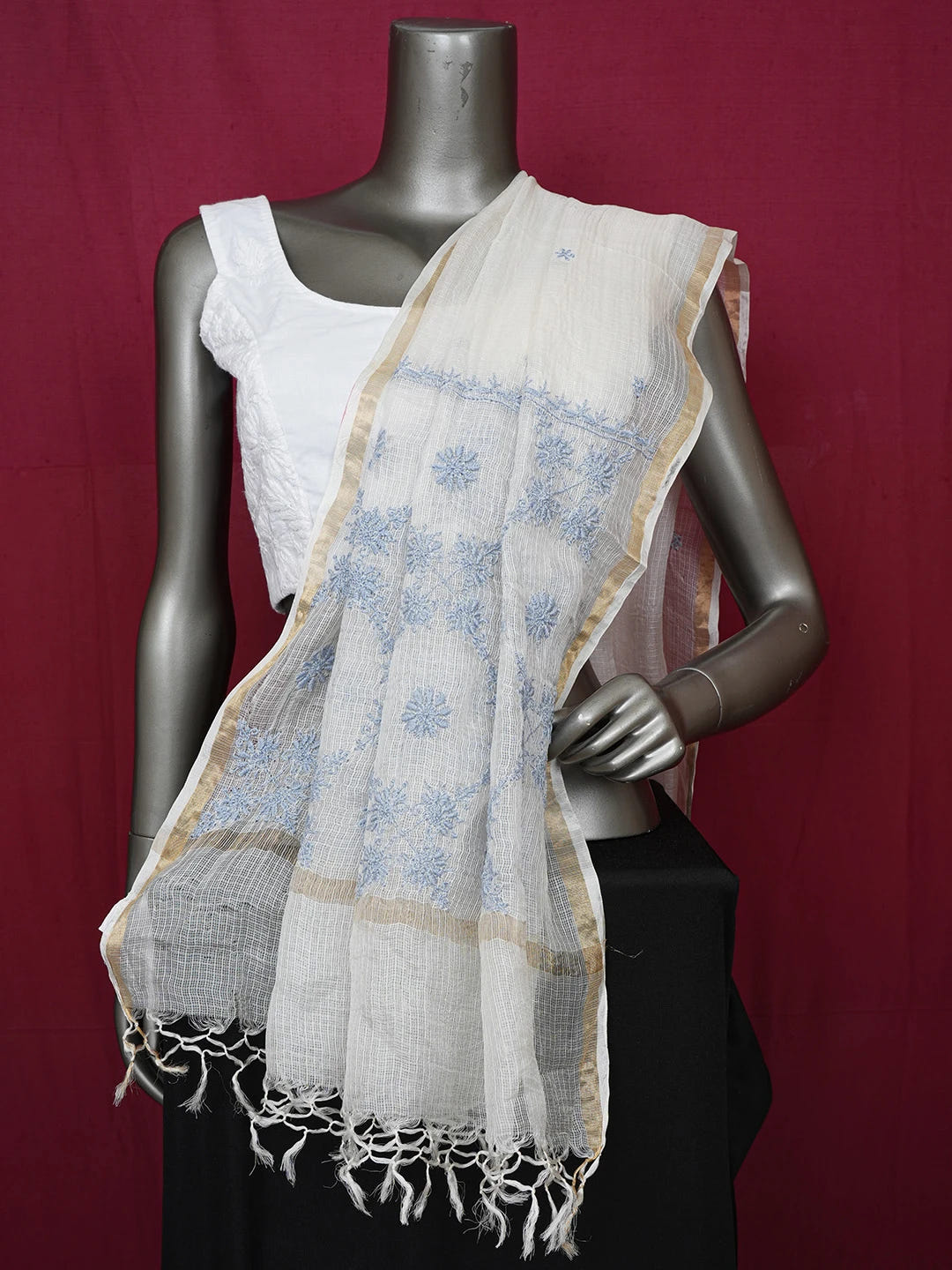 Ada Hand Embroidered Ivory White Kota Silk Lucknowi Chikankari Dupatta 01A650912
