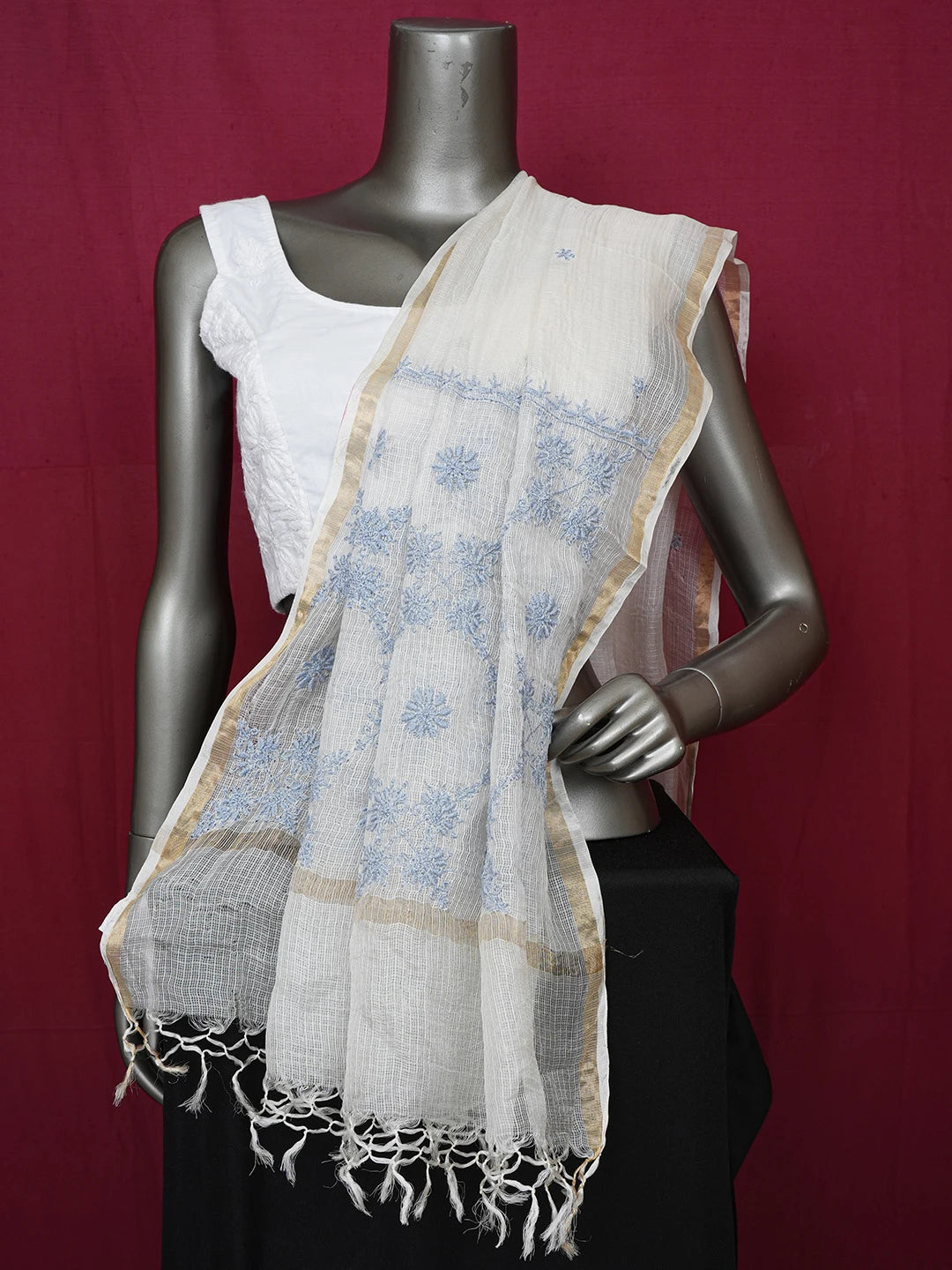 Ada Hand Embroidered Ivory White Kota Silk Lucknowi Chikankari Dupatta 01A650912