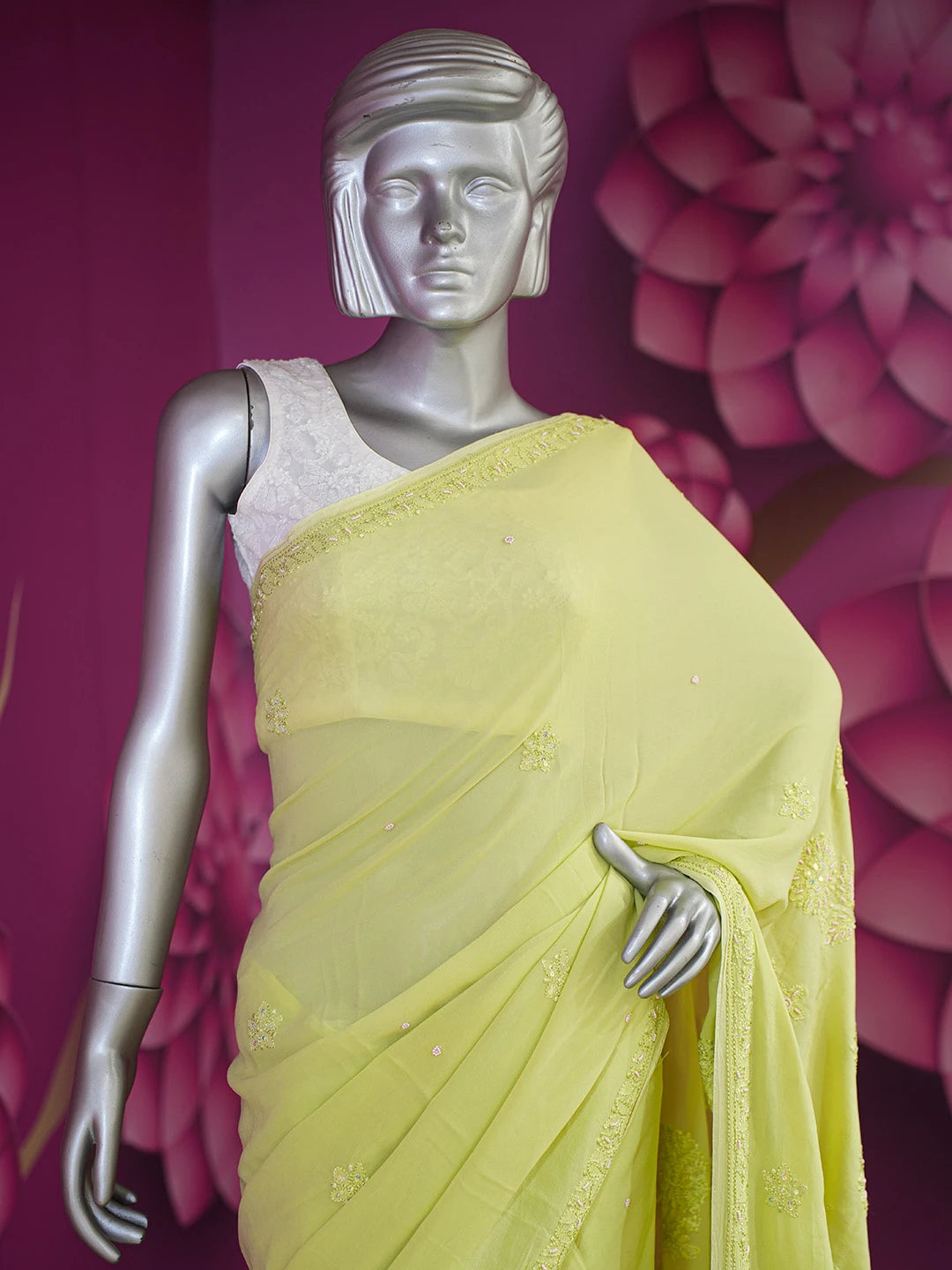 Ada Hand Embroidered Pear Green Viscose Georgette Lucknowi Chikankari Saree With Blouse And Cutdana Work 01A394838