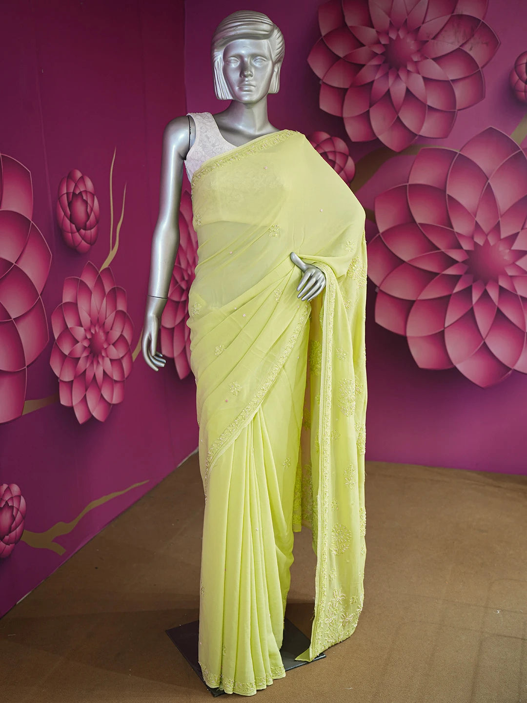 Ada Hand Embroidered Pear Green Viscose Georgette Lucknowi Chikankari Saree With Blouse And Cutdana Work 01A394838