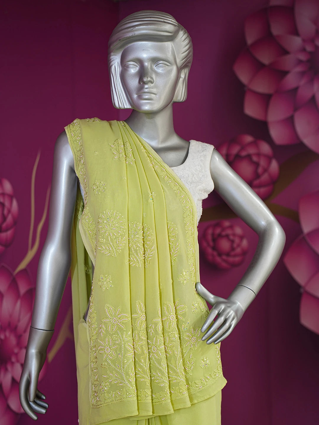 Ada Hand Embroidered Pear Green Viscose Georgette Lucknowi Chikankari Saree With Blouse And Cutdana Work 01A394838