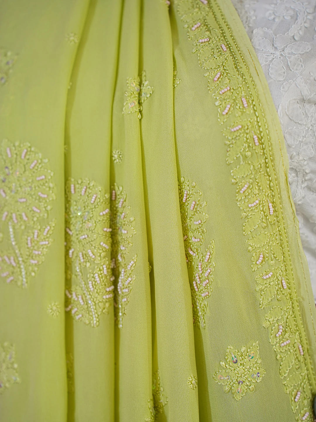 Ada Hand Embroidered Pear Green Viscose Georgette Lucknowi Chikankari Saree With Blouse And Cutdana Work 01A394838