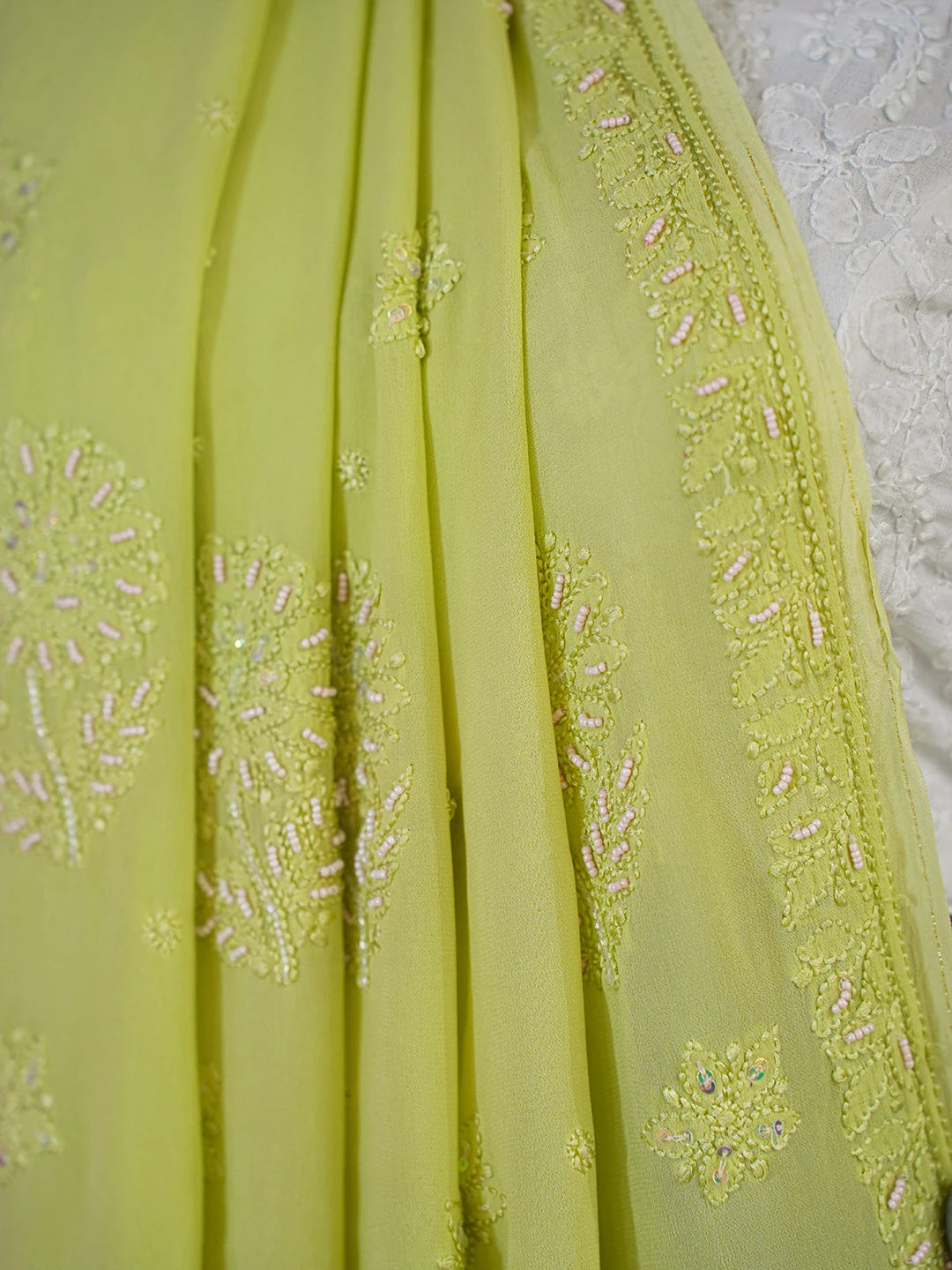 Ada Hand Embroidered Pear Green Viscose Georgette Lucknowi Chikankari Saree With Blouse And Cutdana Work 01A394838