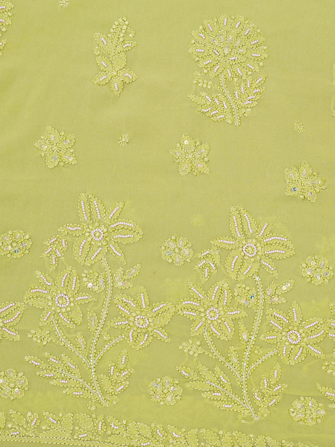 Ada Hand Embroidered Pear Green Viscose Georgette Lucknowi Chikankari Saree With Blouse And Cutdana Work 01A394838