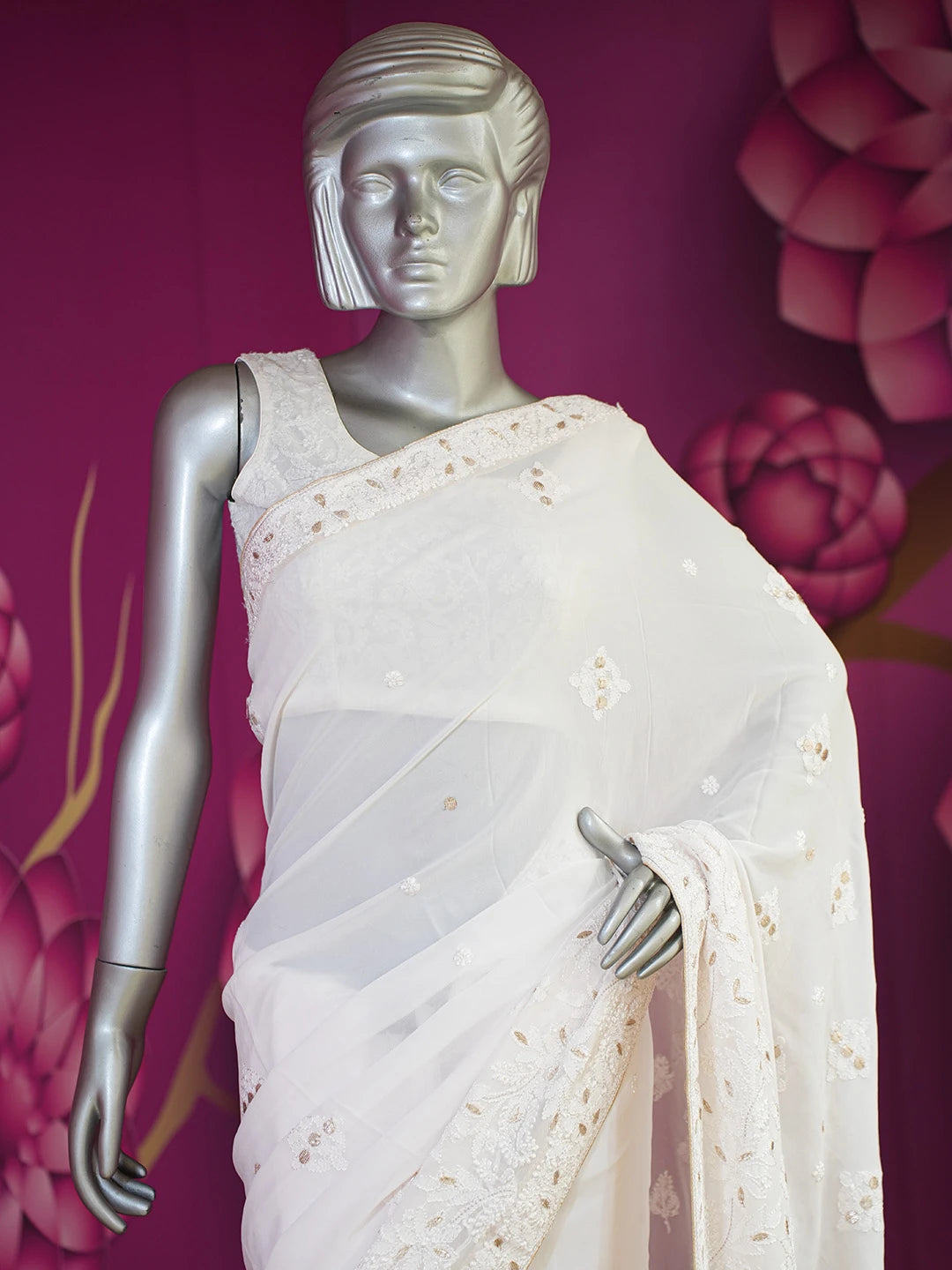 Ada Hand Embroidered Powder Pink Viscose Georgette Lucknowi Chikankari Saree/Blouse With Gota Patti Work 01A604474